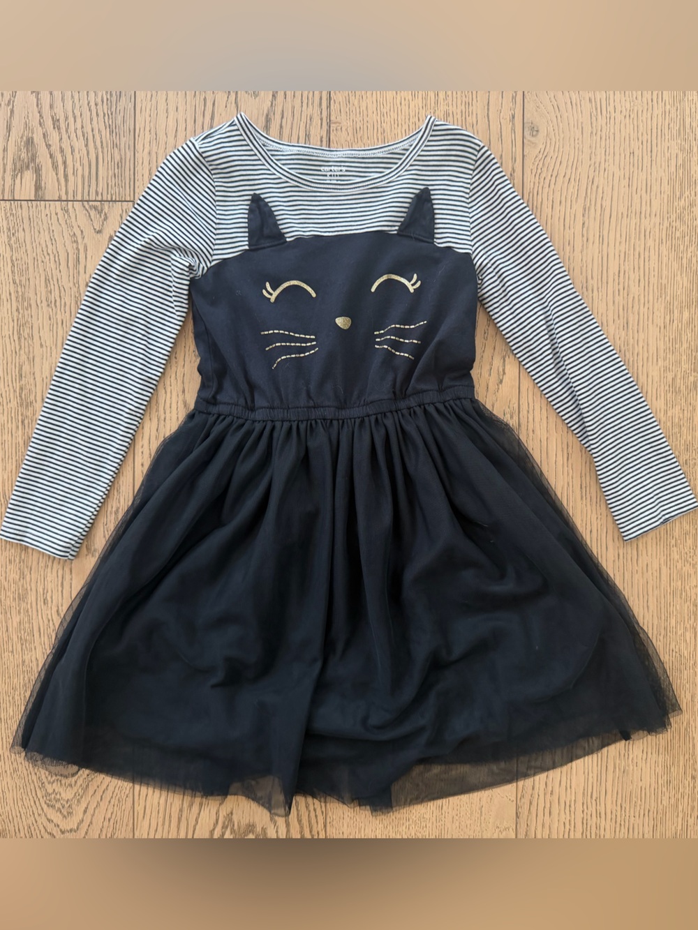 Carter's Girls Halloween Long-Sleeve Striped Cat Dress w/ Tulle Lined Skirt Sz 7